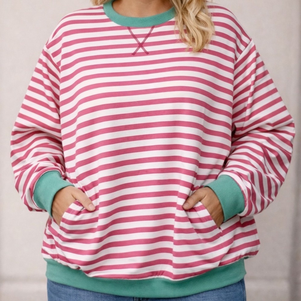 NEW Oversized Sweatshirt Striped Crewneck Pullover W/ Pockets Medium Pink #792